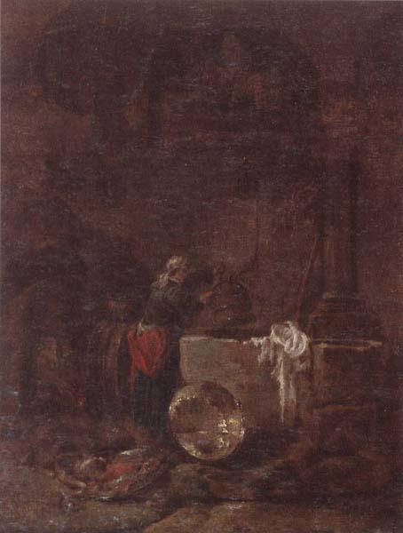 Willem Kalf A woman drawing water from a well under an arcade oil painting picture